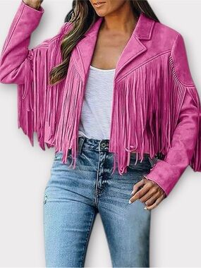 Fringed Faux Suede Moto Jacket - Pink